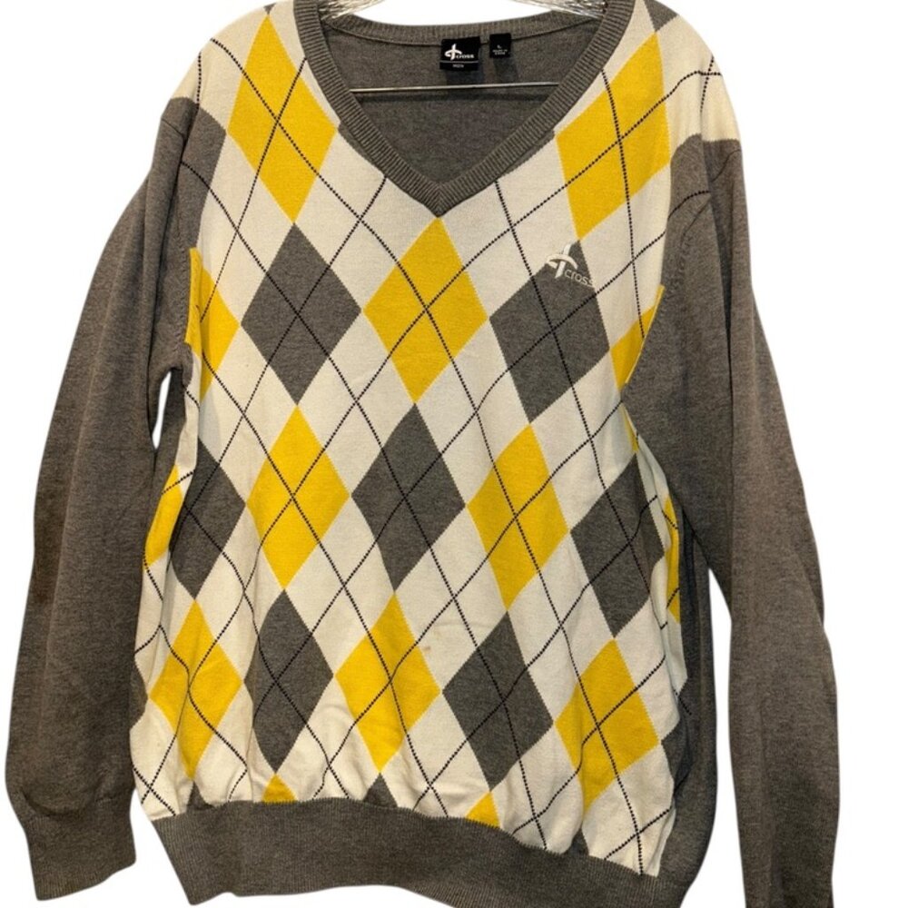 Cross gray yellow argyle print mens v neck sweater L